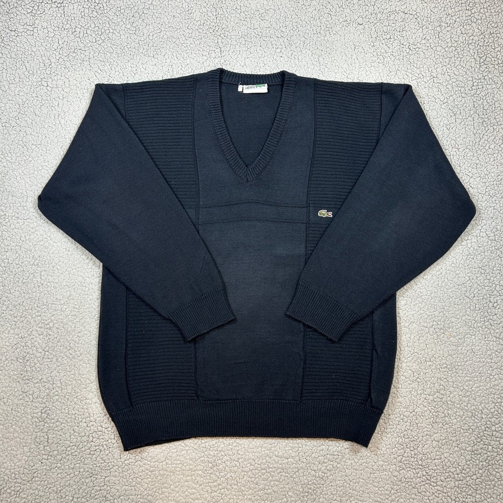 Vintage Chemise Lacoste Sweater V Neck Black Ribbed Logo Mens 2XL Made In France